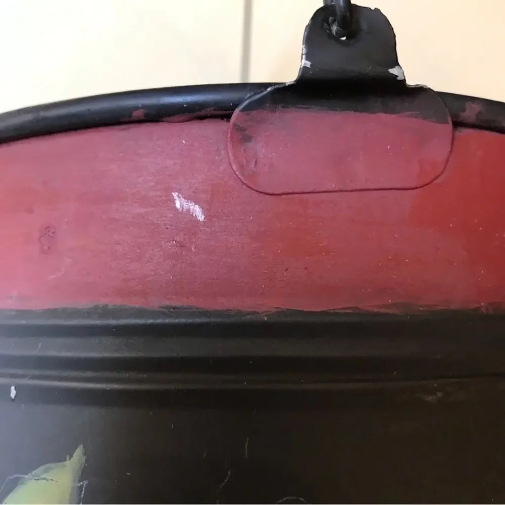 Cottagecore Hand painted Toleware Tin Bucket w/ Lid, Features a Fruit Motif